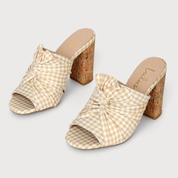 Lulu's Shoes - Lulu's Women's Gingham Cork Heeled Sandals Cocktail Party Toffee Mule  Size 7